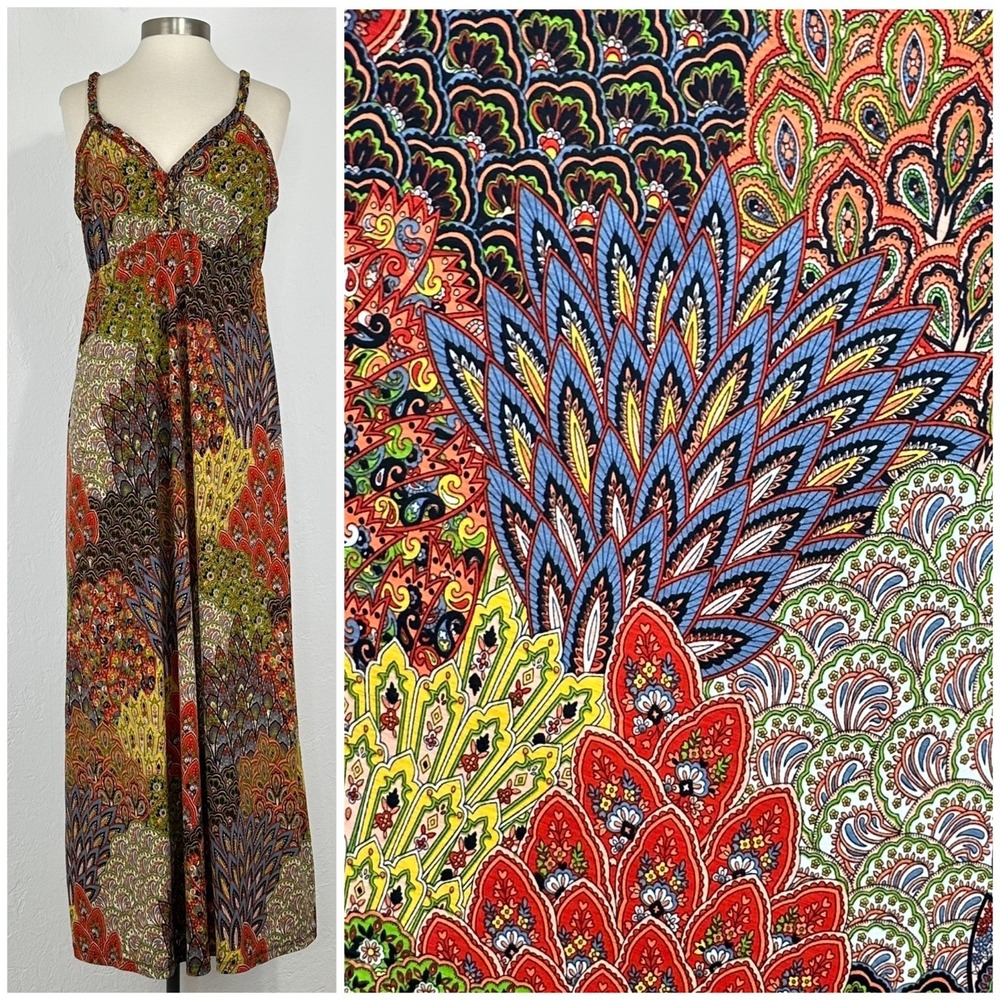 Women Boho Chic Hippie Babydoll Maxi Dress Sz 0 Paisley Peacock Artsy Multicolor